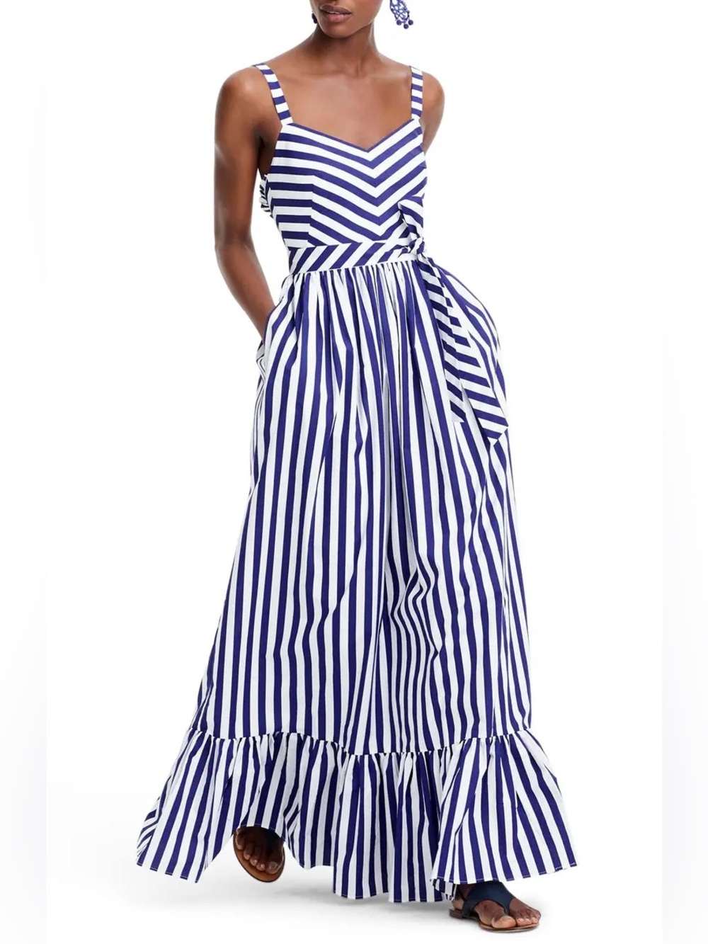 J.Crew Stripe Ruffle Cotton Maxi Dress in White Deep Orchid size 2